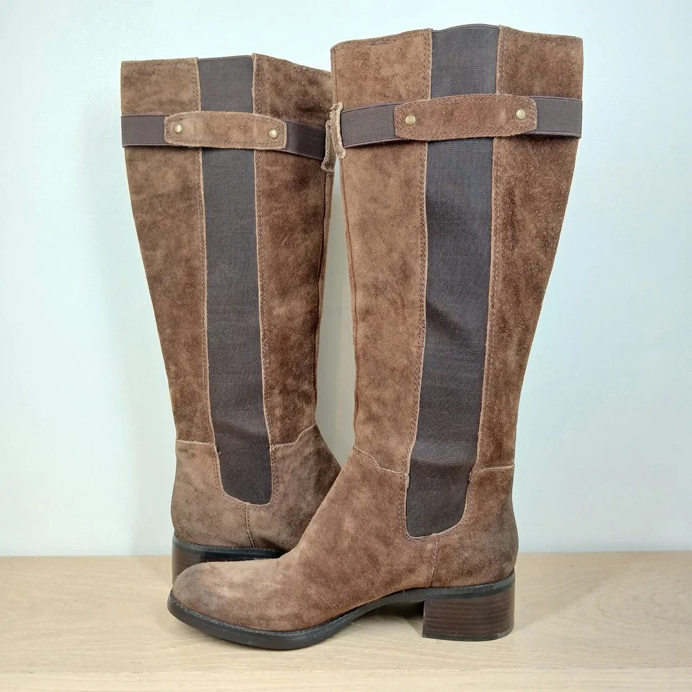 Franco Sarto Women's 7 Brown Suede Tall Riding Boots Buckle Stretch Calf